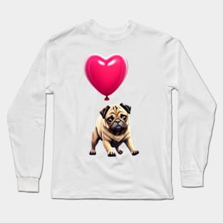 Cute Pug on Valentine's Balloon - Adorable Pug Hanging on Heart Balloon Long Sleeve T-Shirt